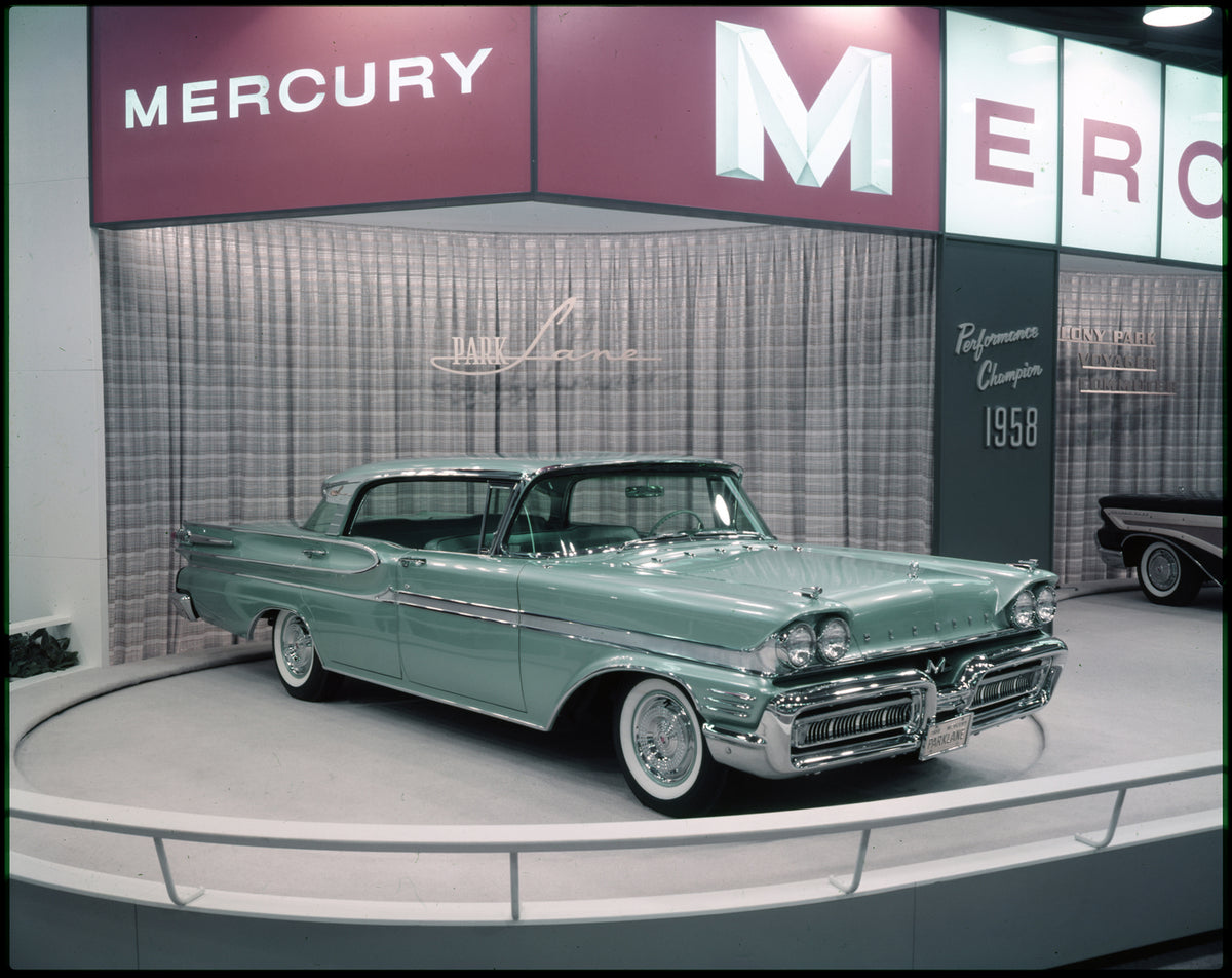 This archival image documents the 1958 Mercury Park Lane hardtop at Car Show and is preserved in the Ford Heritage Vault as part of Ford Motor Company's historic photographic archive. Free for personal, non-commercial use. Ford Heritage Vault refe...