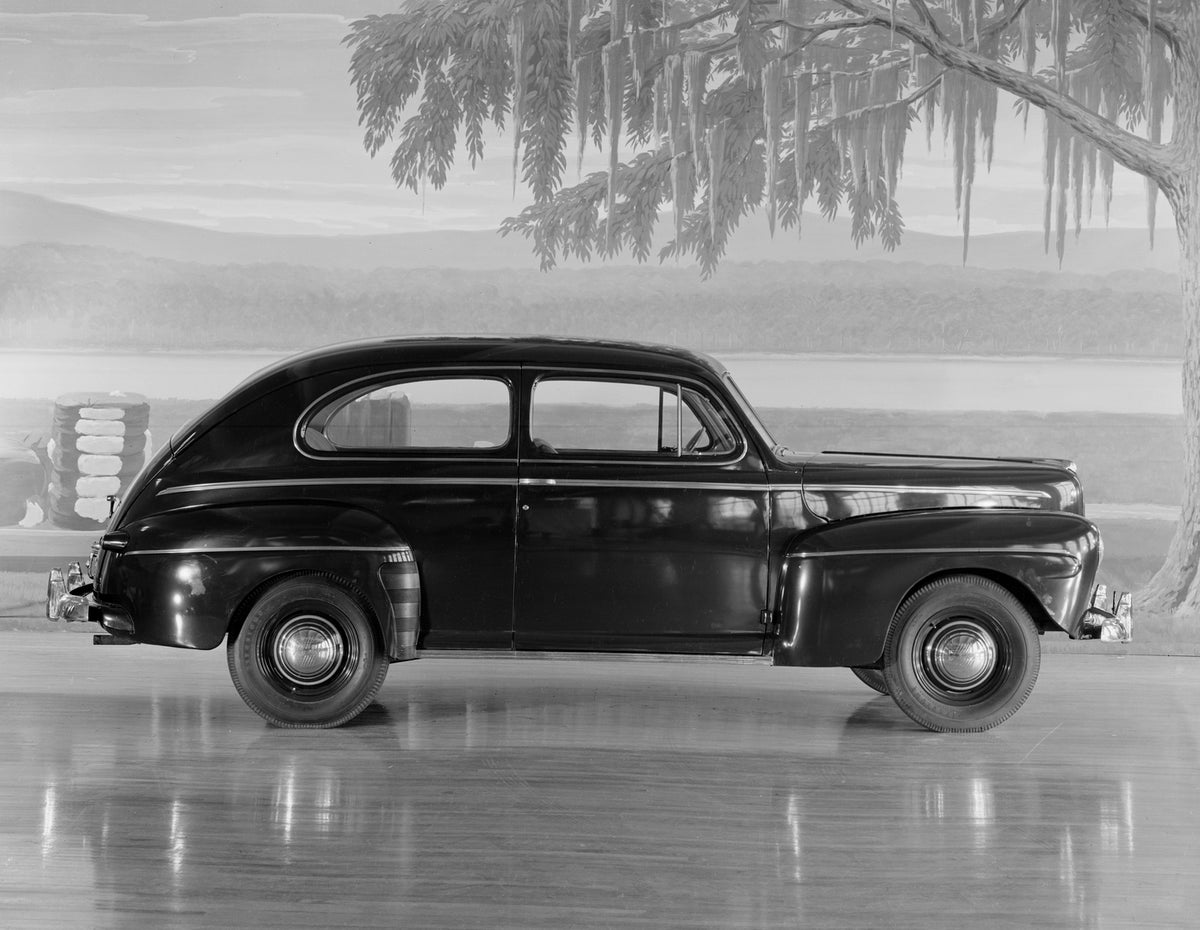 This archival image documents the 1946 Ford Super Deluxe tudor sedan in studio and is preserved in the Ford Heritage Vault as part of Ford Motor Company's historic photographic archive. Free for personal, non-commercial use. Ford Heritage Vault re...