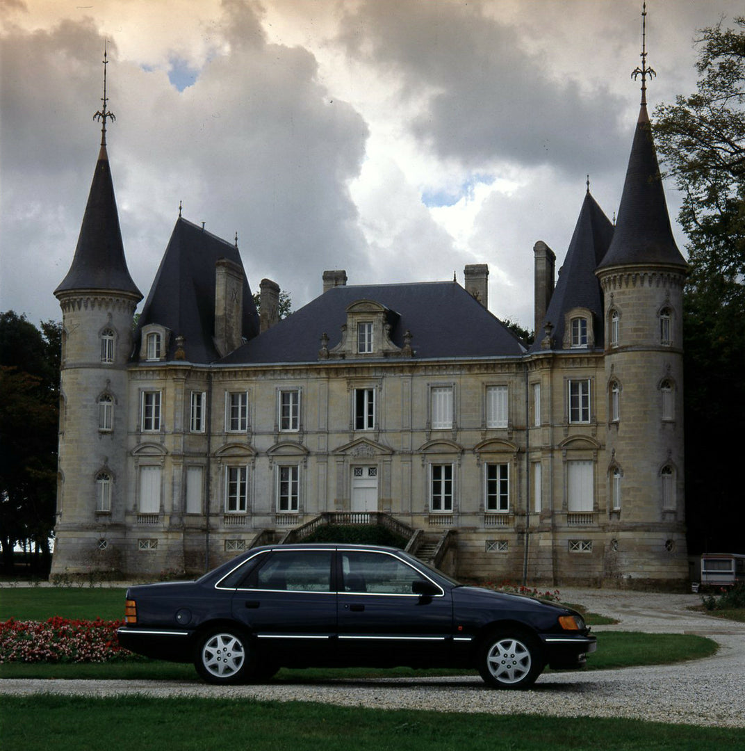 This archival image documents the 1989 Ford Scorpio Mark I side view in front of scenic castle and is preserved in the Ford Heritage Vault as part of Ford Motor Company's historic photographic archive. Free for personal, non-commercial use. Ford H...