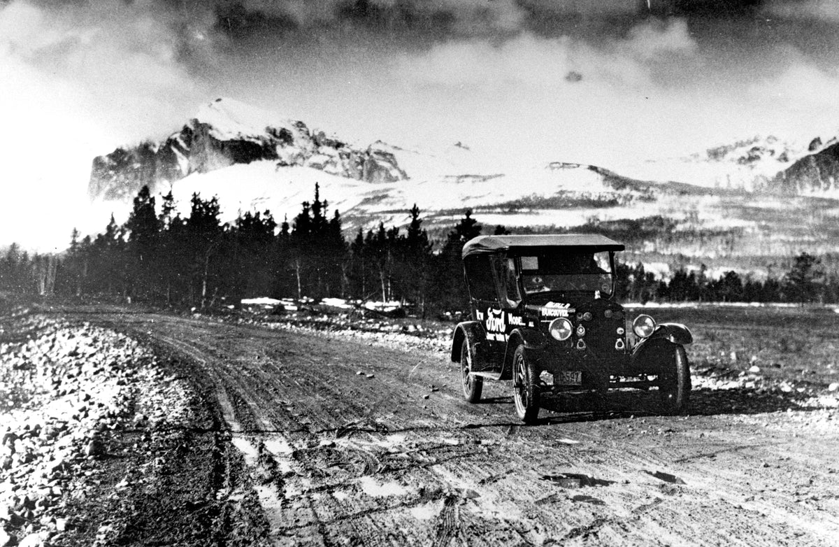 This archival image documents the 1925 Ford Model T Cross Canada Trip near Cascade Mountains and is preserved in the Ford Heritage Vault as part of Ford Motor Company's historic photographic archive. Free for personal, non-commercial use. Ford Her...