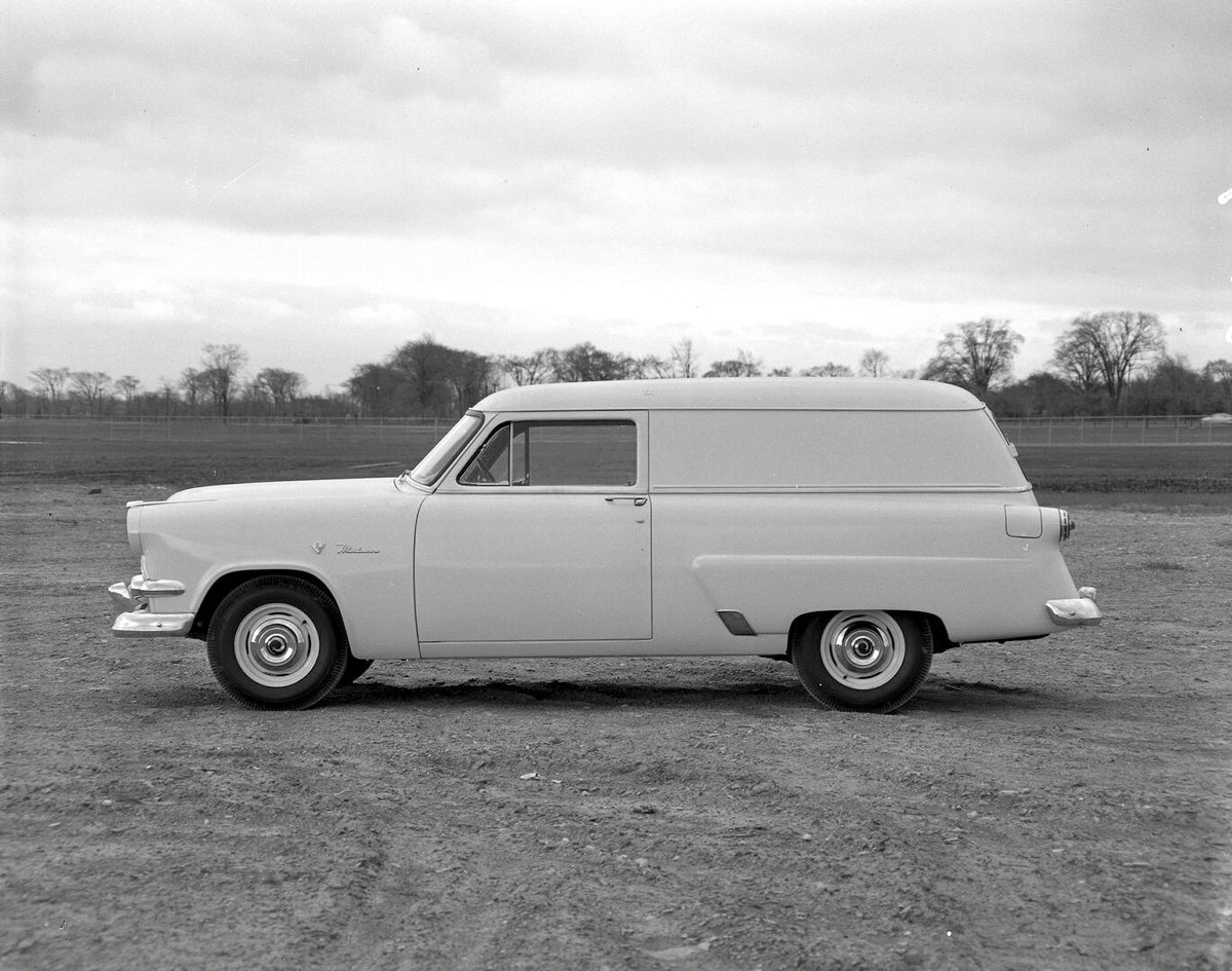 This archival image documents the 1954 Meteor Sedan Delivery side view on dirt road with scenic trees AR-2007-5 and is preserved in the Ford Heritage Vault as part of Ford Motor Company's historic photographic archive. Free for personal, non-comme...