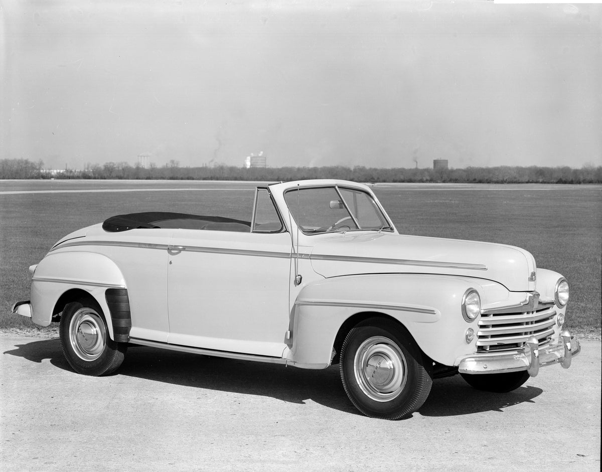This archival image documents the 1947 Ford Super Deluxe convertible and is preserved in the Ford Heritage Vault as part of Ford Motor Company's historic photographic archive. Free for personal, non-commercial use. Ford Heritage Vault reference AR...