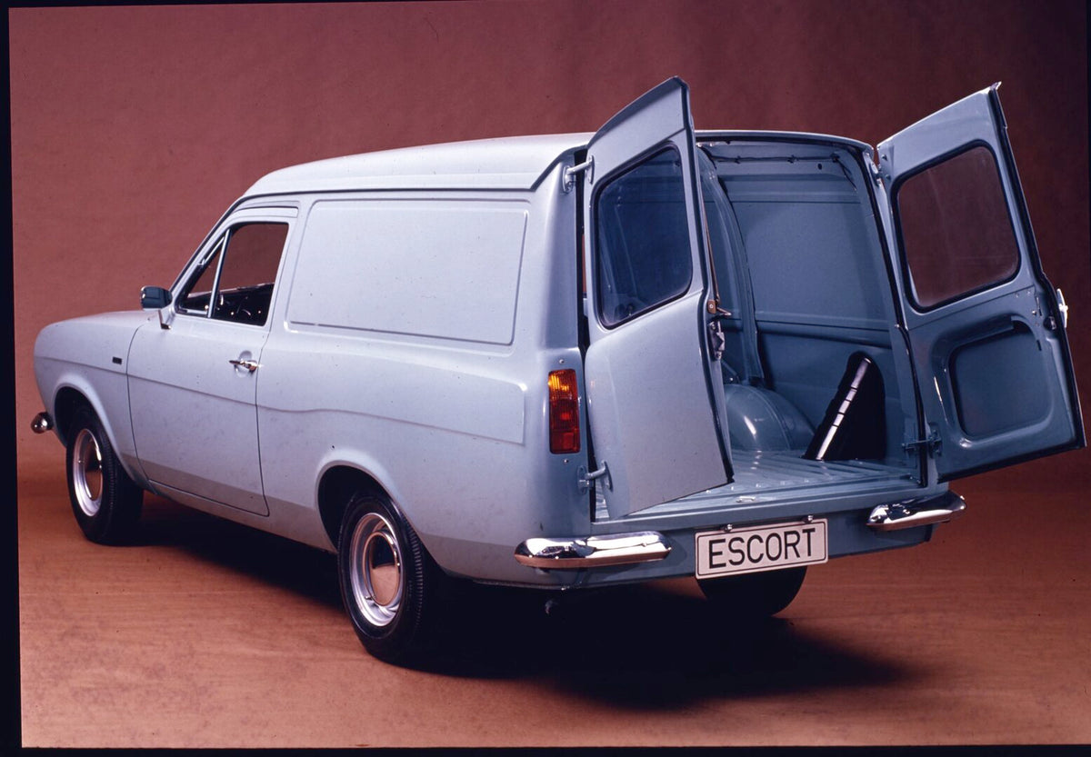 This archival image documents the 1968 Ford Escort Mark I Van rear view with open doors in studio 1968-38 002 and is preserved in the Ford Heritage Vault as part of Ford Motor Company's historic photographic archive. Free for personal, non-commerc...