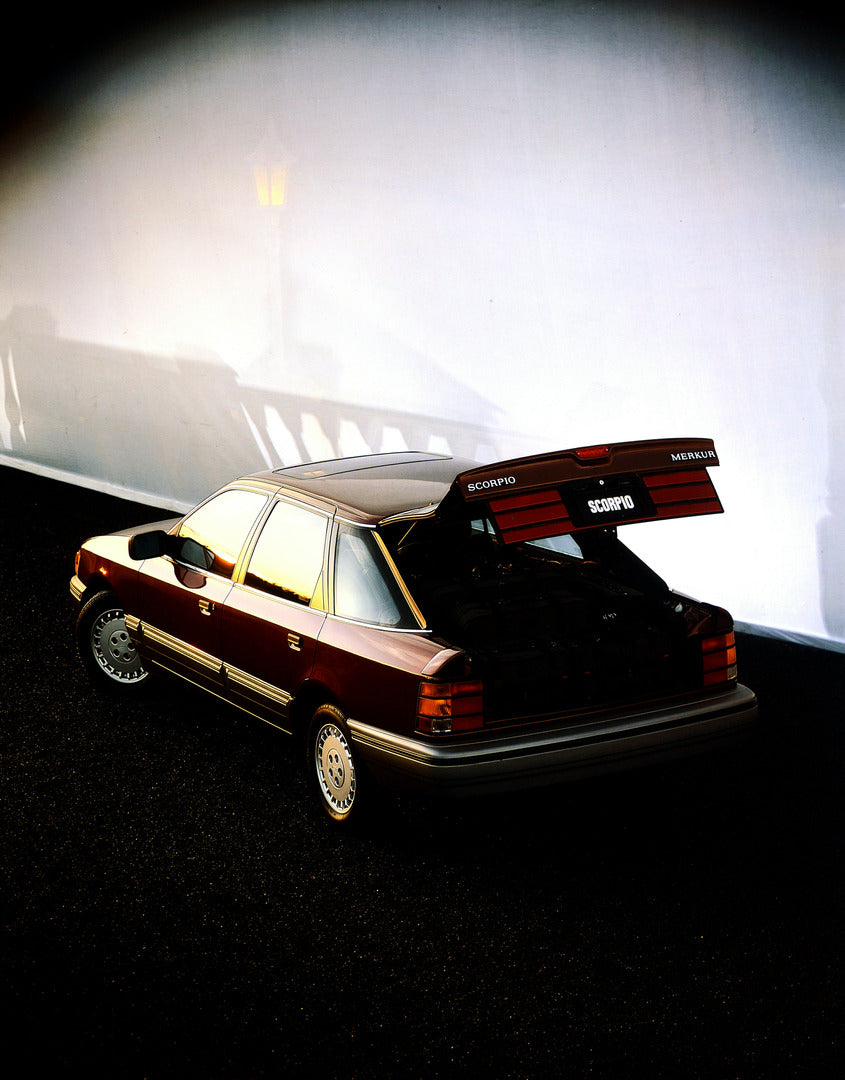 This archival image documents the 1988 Merkur Scorpio four-door and is preserved in the Ford Heritage Vault as part of Ford Motor Company's historic photographic archive. Free for personal, non-commercial use. Ford Heritage Vault reference AR-2001...