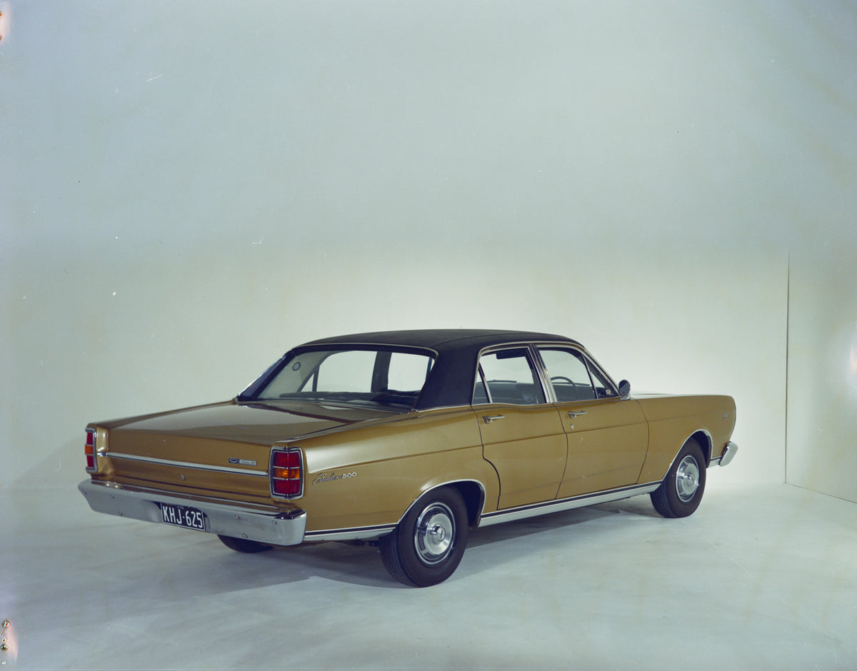 This archival image documents the 1969 Ford XW Falcon Fairlane 500 Sedan with Vinyl Roof 3/4 Rear View FAP 2011-3 and is preserved in the Ford Heritage Vault as part of Ford Motor Company's historic photographic archive. Free for personal, non-com...