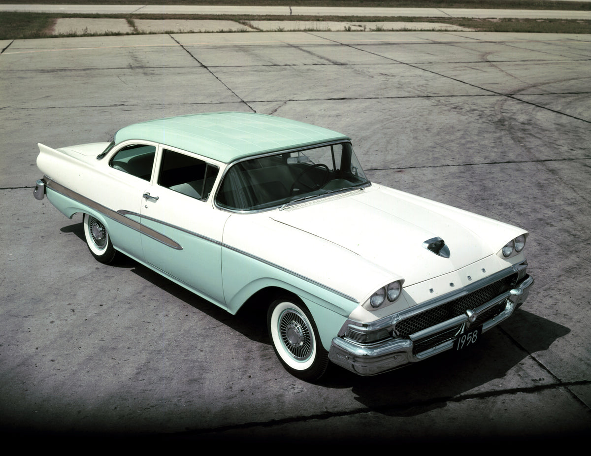 This archival image documents the 1958 Ford Custom 300 two-door and is preserved in the Ford Heritage Vault as part of Ford Motor Company's historic photographic archive. Free for personal, non-commercial use. Ford Heritage Vault reference AR-2008...