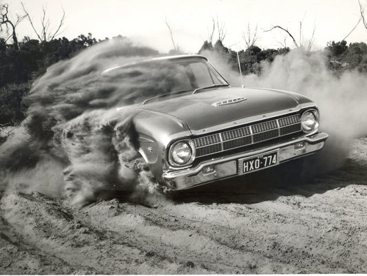 1964 Ford XM Falcon action shot on scenic dirt road HV 1964-0114