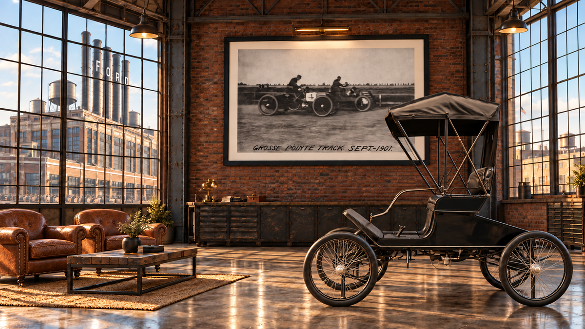 1901 Ford Runabout in a brick industrial room with period leather club chairs, a framed Grosse Pointe racing photograph and the Highland Park powerhouse beyond the windows.