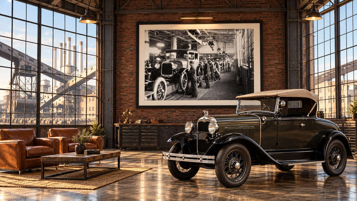 1931 Ford Model A DeLuxe Roadster in an industrial gallery, with the Rouge assembly-line photograph framed on the wall and the Rouge foundry visible through factory windows