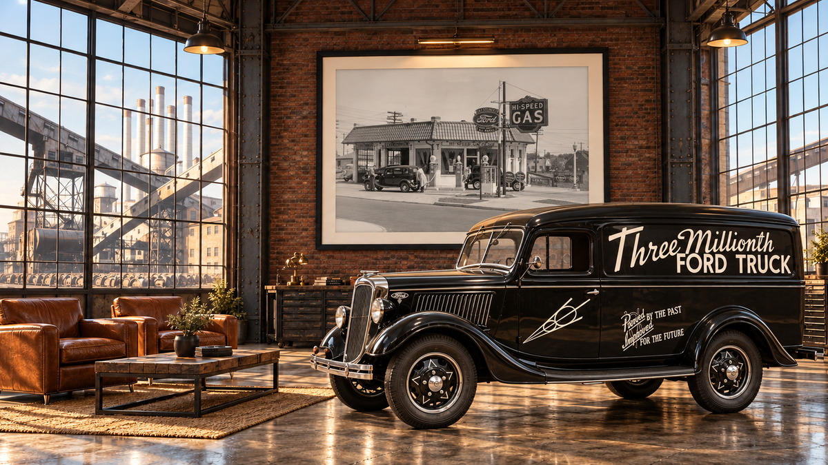 1936 Three Millionth Ford Truck in a brick-and-steel industrial gallery with the 1934 Detroit service-station photograph framed on the wall