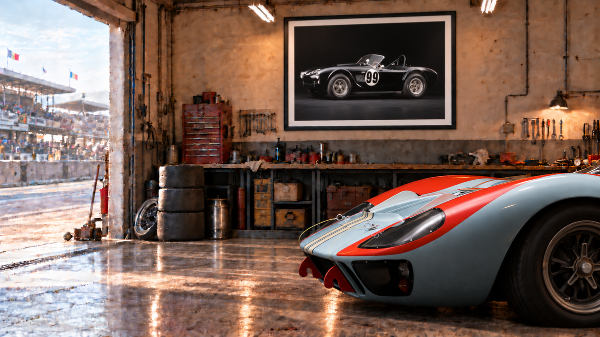 Le Mans pit workshop with a pale blue and orange Ford GT40 nose and a framed black No.99 Shelby Cobra photograph.