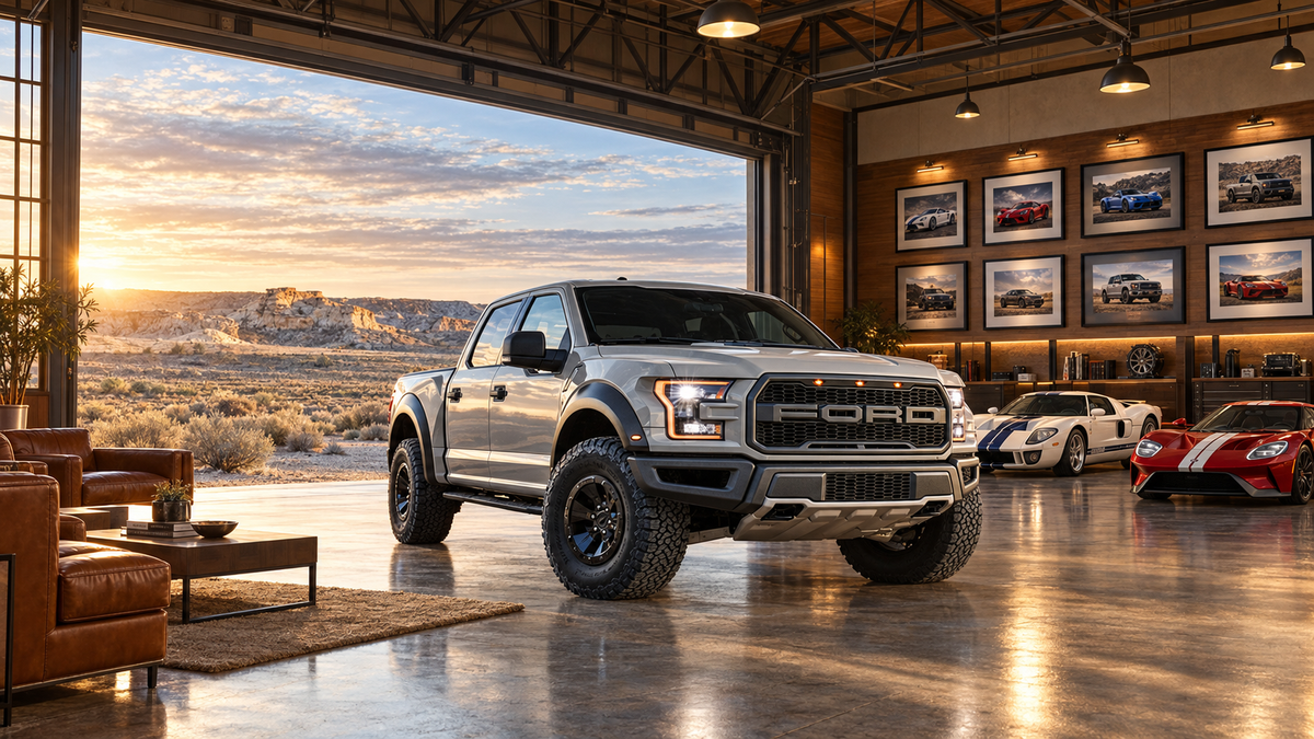 Silver 2017 Ford F-150 Raptor in a luxurious desert car collection warehouse, with two Ford GTs, framed automotive photographs and rocky desert mountains outside.