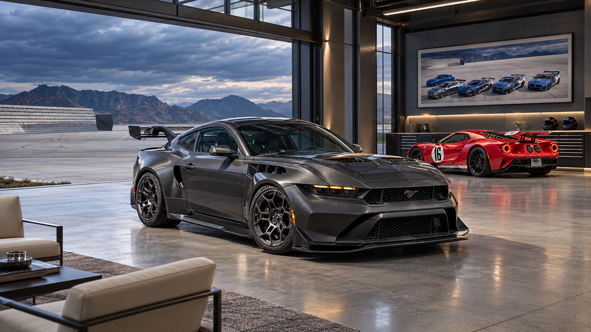 Graphite carbon Mustang GTD in a modern collection garage, with a red No. 16 Ford GT, framed Mustang racing lineup and mountain proving-ground view.