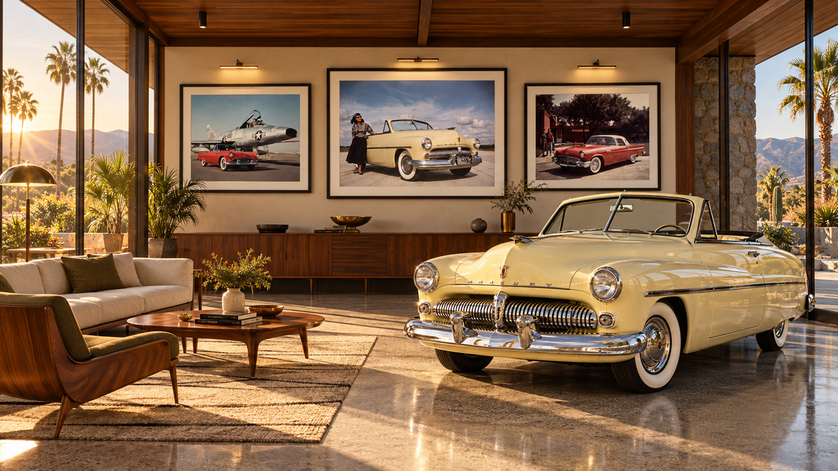 Cream 1949 Mercury convertible in a sunlit Mid-Century Modern lounge with walnut furniture and framed Ford archive photographs
