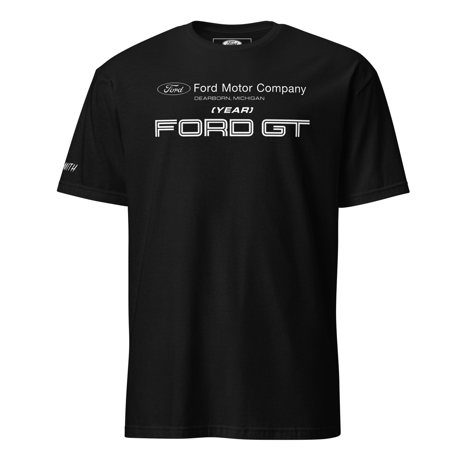 A black crew neck t-shirt with white text and logo 'FORD GT' and the year '2016' printed on the front.