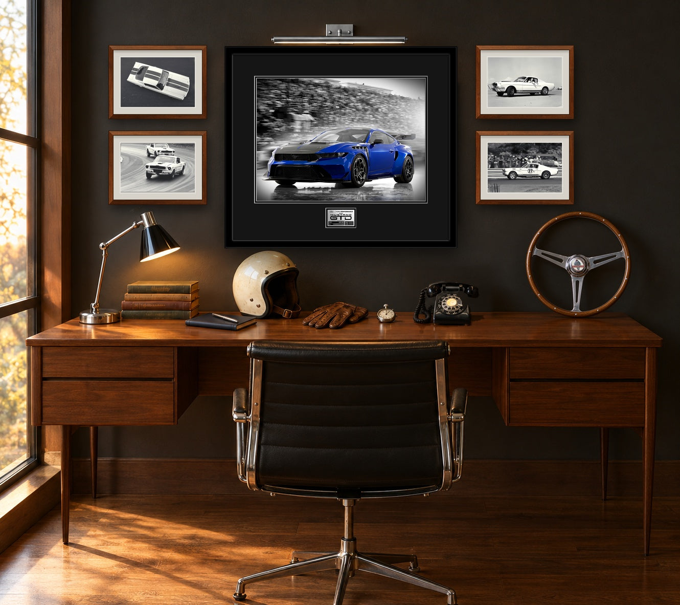 Owners Edition study with a framed Mustang GTD print